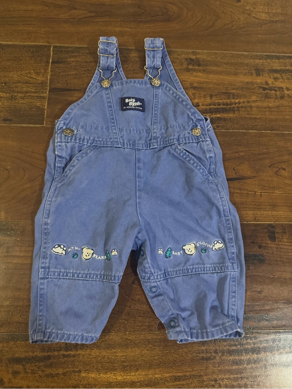 OshKosh B'gosh Denim Overalls 6/9M Embroidered Bear Button Sleeveless Vintage